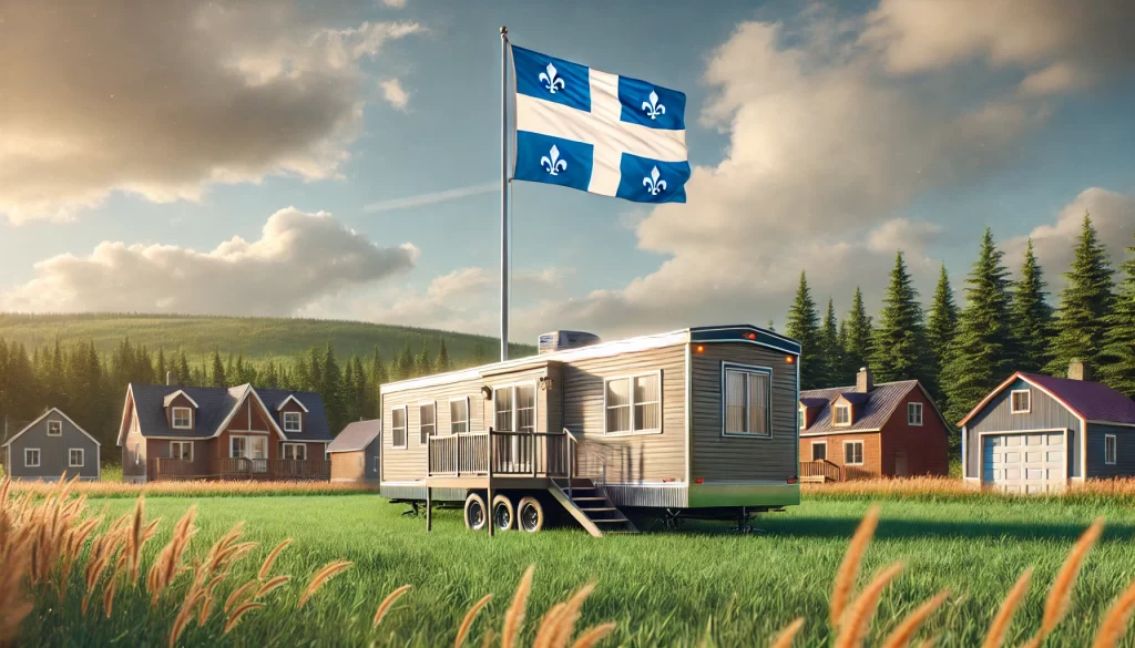 Une maison mobile sur roue sur un terrain gazonné, avec un drapeau du Québec en arrière plan.