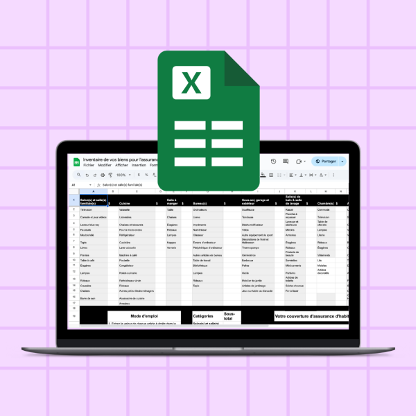 Aperçu de notre feuille de calcul Google permettant de calculer la valeur de vos biens à assurer.